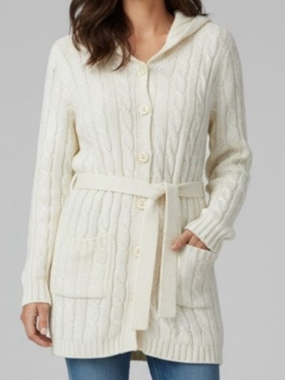 St. John's Bay Cable Knit Long Cardigan Sweater Hooded Belted Ivory Medium